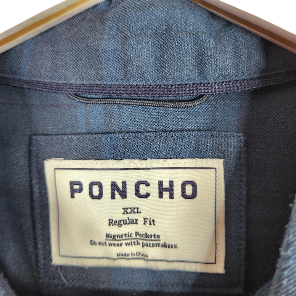 PONCHO Shirt Mens 2XL Blue Plaid Magnetic Pockets Regular Fit Twill Button Up - Picture 6 of 10